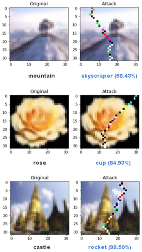 Figure 4. Examples of perturbed CIFAR-100 images generated using the proposed DPSPSM attack along with the predicted label and corresponding confidence.