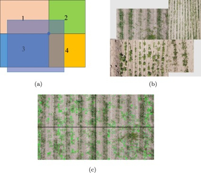 Figure 8. (a) The processing of Mosaic stitching, (b) Potential grayscale issue in Mosaic stitching, and (c) Feature density per partition.