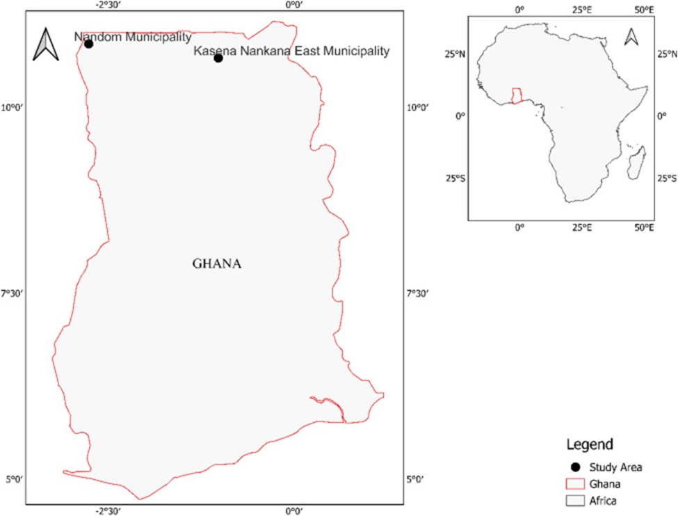 Figure 1. Study area in Africa within the savanna ecological zone of Ghana.