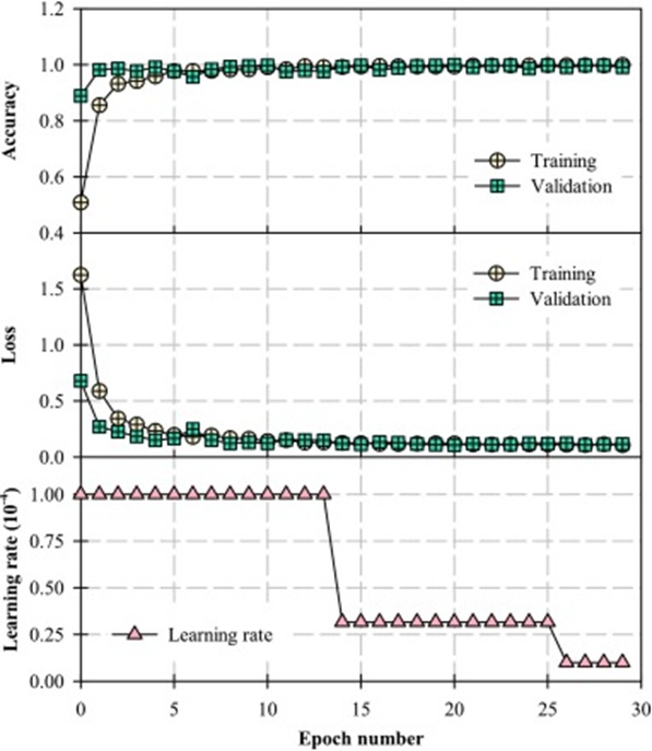 Figure 8. Variation of accuracy, loss, and learning rate with epoch numbers.