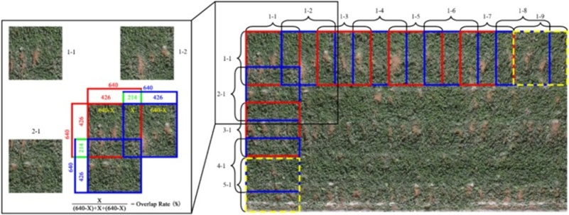 Figure 2. Schematic diagram of the overlap partitioning algorithm. The right side shows an example of the patches arranged in rows and columns of the initial image. The process of dividing a 3840 × 2160 image into 45 sub-images of 640 × 640 is shown. The patch with red borders overlaps the patch with blue borders by 20%. When the cropping pixels do not align precisely with the image edge, the cropping box will be shifted forward by the corresponding number of pixels, as illustrated by the yellow box. The left side shows an enlarged view of the cropping position with an overlap rate of 20%, along with examples of cropped subimages (For interpretation of the references to colour in this figure legend, the reader is referred to the web version of this article).
