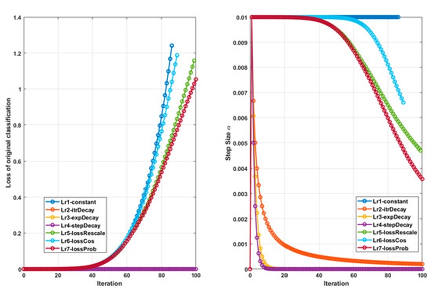 Figure 9. A resilient sample that resisted non-targeted misclassification within the 100-iteration window (with a primary step size of 0.01 and an initial class of 3; only the 1st constant, 5th loss scaling, and 6th trigonometric variants successfully resolved at 86, 99, and 89 iterations, respectively). The primary vertical axis illustrates the behavior of the baseline classification loss, and the secondary vertical axis displays the diminishing step size.
