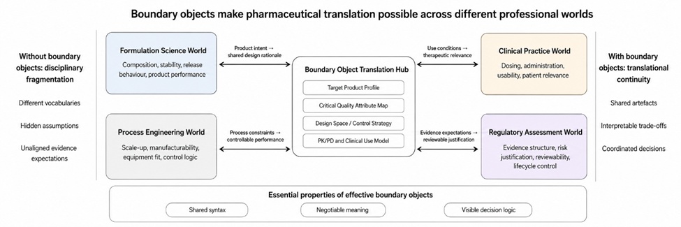 Figure 1. Boundary Object Logic for Pharmaceutical Translation across Formulation Science, Process Engineering, Clinical Practice, and Regulatory Assessment