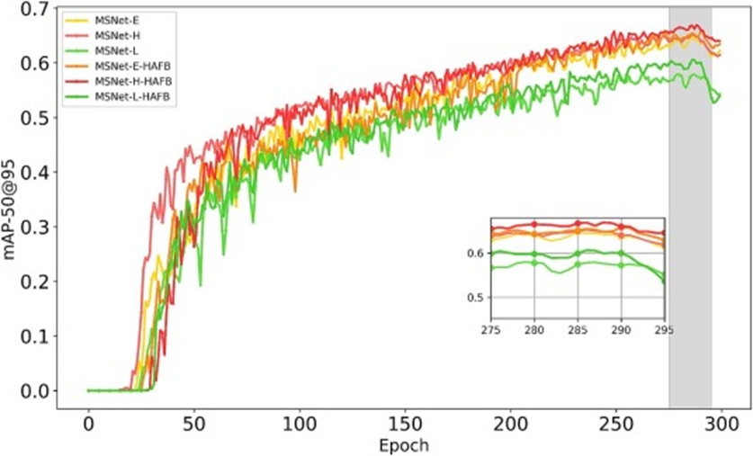 Figure 9. mAP50:95 training curve of MSNet with HAFB compared to MSNet without HAFB.