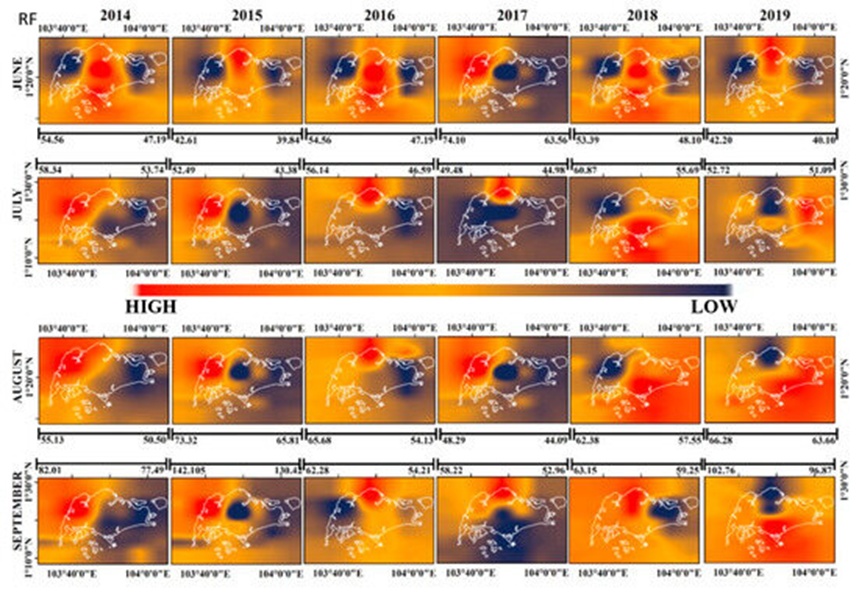 Figure 8. Spatial mapping of PM2.5 concentration forecasts generated via RF regression for the June–September intervals spanning 2014 to 2019.