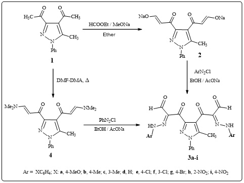 Figure 1. Synthesis of bis-arylhydrazonopropanal derivatives 3a-i.