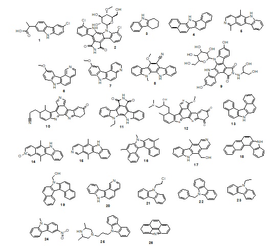 Figure 1. Chemical structure of carbazole analogs (1-26): 1 = 2-(6-chloro-9H-carbazol-2-yl)propanoic acid; 2 = 5,21-dichloro-3-[(2R,3R,4R,5S,6R)-3,4-dihydroxy-6-(hydroxymethyl)-5-methoxyoxan-2-yl]-3,13,23-triazahexacyclo[14.7.0.02,10.04,9.011,15.017, 22]tricosa-1,4(9),5,7,10,15,17 (22),18,20-nonaene-12,14-dione; 3 = 1,2,3,4-Tetrahydrocarbazole; 4 = 1,2,7,8-Dibenzcarbazole; 5 = 1,5-Dimethyl-6H-pyrido(4,3-b)carbazole; 6 = 10-methoxy-7H-pyrido[4,3-c]carbazole; 7 = 10-Methoxy-7H-pyrido(2,3-c)carbazole; 8 = 11,12-Dihydro-6-methoxy-11-methylindolo(2,3-a)carbazole-5-carbonitri- le; 9 = 6,20-dihydroxy-13-[[2-hydroxy-1-(hydroxymethyl)ethyl]amino]-3-[3,4, 5-trihydroxy-6-(hydroxymethyl)tetrahydropyran-2-yl]-3,13,23-triazahexacy-clo[14.7.0.02,10.04,9.011,15.017,22]tricosa-1(16),2(10),4,6,8,11(15),17(22),18,20-nonaene-12,14-dione; 10 = 12-(2-Cyanoethyl)-6,7,12,13-tetrahydro-13-methyl-5-oxo-5H-indolo- (2,3-a)pyrrolo(3, 4-c)-carbazole; 11 = 3-ethyl-3,13,23-triazahexacyclo[14.7.0.02,10.04,9.011,15.017,22]trico-sa-1,4,6,8,10,15,17,19,21-nona-ene-12,14-dione; 12 = 13-(3-dimethylamino-2-hydroxypropyl)-3-methoxy-12-methyl-6,7,12, 13-tetrahydro-5H-indolo[2,3-a]pyrrolo[3,4-c]carbazole-5,7-dione; 13 = 3,4,5,6-Dibenzcarbazole; 14 = 5,11-Dimethyl-6H-pyrido(4,3-b)carbazole 2-oxide; 15 = 5,11-Dimethyl-6H-pyrido(4,3-b)carbazole; 16 = 5,7,9-Trimethyl-7H-dibenzo(c,g)carbazole; 17 = 5-(Hydroxymethyl)-11-methyl-6H-pyrido(4,3-b)carbazole; 18 = 5H-Naphtho[2,3-c]carbazole; 19 = 7-Hydroxymethyldibenzo(c,g)carbazole; 20 = 7H-Pyrido(4,3-c)carbazole; 21 = 9-(.beta.-Chloroethyl)carbazole; 22 = 9-Benzyl-9H-carbazole; 23 = 9-Ethyl-9H-carbazole; 24 = 9-Methyl-3-nitro-9H-carbazole; 25 = 9-[3-(3,5-Dimethyl-piperazin-1-yl)-propyl]-9H-carbazole; 26 = 4H-Benzo(def)carbazole (Source: https://pubchem.ncbi.nlm.nih.gob)
