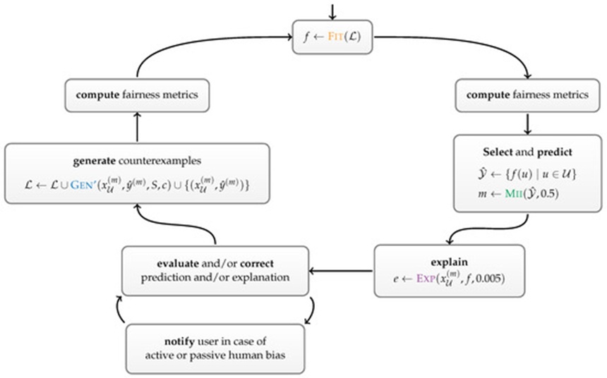 Figure 4. Human FairCaipi interaction. FairCaipi requests user input concerning both the prediction and explanation generated by a classification model. Displaying bias-detection metrics at the start and completion of each iteration allows operators to connect their modifications to the model's overall bias. Additionally, Caipi alerts users if performed or overlooked adjustments negatively impact these bias-detection metrics. When managed by users operating with equitable intentions, FairCaipi enhances the fairness of classification models.