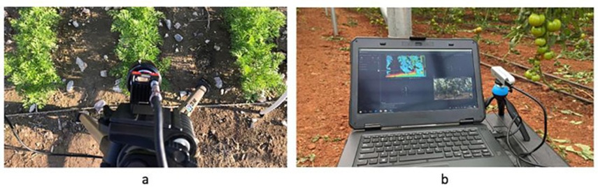 Figure 1. A sample of the gear utilized for ground-based field data capture: (a) an RGB imager equipped with a C-mount lens; and (b) a laptop linked to an RGB depth camera.