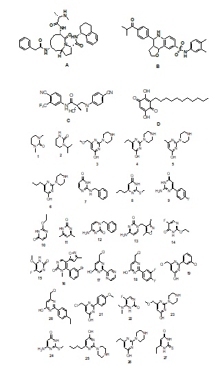 Figure 1. Chemical structure of XIAP inhibitors (A, B, and C) and pyrimidinone derivatives (1-27): A = (3S,6S,9R,10AR)-6-((S)-2-(Methylamino)propanamido)-5-oxo-9-(2-phenylacetami- do)-N-((R)-1,2,3,4-tetrahydronaphthalen-1-yl)decahydropyrrolo[1,2-a]azo-cine-3-car-boxamide [25]; B = N-(3,4-Dimethylphenyl)-4-(4-isobutyrylphenyl)-2,3,3a,4,5,9bhexahydrofuro [3,2-c]quinoline-8-sulfonamide [30]; C = (S)-N-(4-cyano-3-(trifluoromethyl)phenyl)-3-((4-cyanophenyl)(methyl)amino)-2-hydroxy-2-methylpropanamide) [31]; 1 = 1,3-Dimethyl-3,4,5,6,-tetrahydro-2(1H)-pyrimidinone; 2 = 1-isopropyltetrahydro-2(1H)-pyrimidinone; 3 = 2-(1,4-Diazepan-1-yl)-6-(methoxymethyl)-4(3H)-pyrimidinone; 4 = 2-(1,4-Diazepan-1-yl)-6-ethyl-4(3H)-pyrimidinone; 5 = 2-(1,4-Diazepan-1-yl)-6-methyl-4(3H)-pyrimidinone; 6 = 2-(1,4-Diazepan-1-yl)-6-propyl-4(3H)-pyrimidinone; 7 = 2-(Benzylamino)-4(3H)-Pyrimidinone; 8 = 2-(Methylsulfanyl)-6-propyl-4(3H)-pyrimidinone; 9 = 2-Amino-6-(4-fluorophenyl)-4(3H)-pyrimidinone; 10 = 2-ethoxy-4(3H)-pyrimidinone; 11 = 4,6-Dimethyl-2(1H)-Pyrimidinone; 12 = 4-Amino-1-benzyl-2(1H)-pyrimidinone; 13 = 4-Amino-1-[(3,5-dimethyl-4-isoxazolyl)methyl]-2(1H)-pyrimidinone; 14 = 5-Fluoro-2-ethoxy-4(1H)pyrimidinone; 15 = 5-Fluoro-6-methoxy-2(1H)-pyrimidinone; 16 = 6-(3-Bromophenyl)-1-methyl-5-(3-methyl-5-isoxazolyl)-2(1H)-pyrimidinone; 17 = 6-(Chloromethyl)-2-(2-pyrazinyl)-4(3H)-pyrimidinone; 18 = 6-(Chloromethyl)-2-(3,4-difluorophenyl)-4(3H)-pyrimidinone; 19 = 6-(Chloromethyl)-2-(3-chlorophenyl)-4(3H)-pyrimidinone; 20 = 6-(Chloromethyl)-2-(4-ethylphenyl)-4(3H)-pyrimidinone 21 = 6-(Chloromethyl)-2-(4-methoxyphenyl)-4(3H)-pyrimidinone; 22 = 6-(Dimethylamino)-5-fluoro-2(1H)-pyrimidinone; 23 = 6-(Methoxymethyl)-2-(1-piperazinyl)-4(3H)-pyrimidinone; 24 = 6-Amino-2-(methylsulfanyl)-4(3H)-pyrimidinone; 25 = 6-Butyl-2-(1-piperazinyl)-4(3H)-pyrimidinone; 26 = 6-Ethyl-2-(1-piperazinyl)-4(3H)-pyrimidinone; 27 = 6-Ethyl-2-thioxo-2,3-dihydro-4(1H)-pyrimidinone.