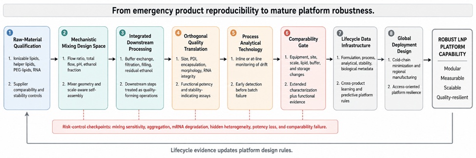 Figure 2. System Design Strategy for Robust Lipid Nanoparticle Manufacturing: Modular Control, Quality Translation, and Lifecycle Platform Learning