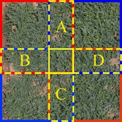 Figure 13. Stitching strategy of annotated files. The red and blue solid line boxes in the figure represent the input sub-images, and the yellow dashed line boxes A, B, C, and D represent the overlapping area (For interpretation of the references to colour in this figure legend, the reader is referred to the web version of this article).