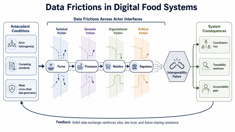 Figure 1. A systems-flow model of data frictions and interoperability failure in digital food systems