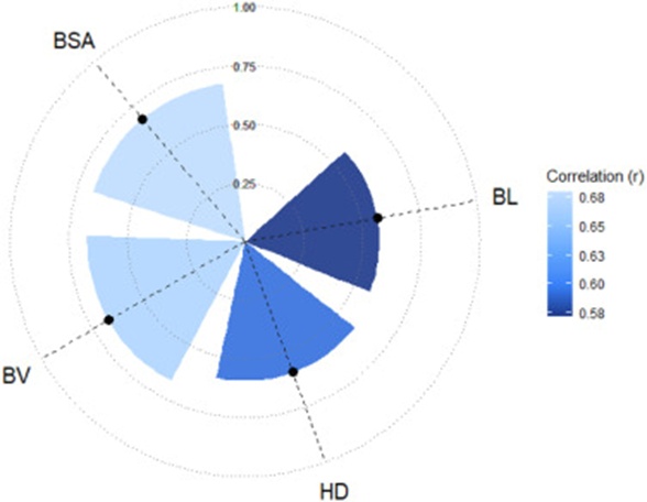 Figure 7. Pairwise scatter plot matrix, histogram, and correlation coefficients of phenotypic correlation among body weight (BW) and body measurements for body length (BL), hip depth (HD), body volume (BV), and body surface area (BSA) in Brahman cows. Pairwise scatter plots are in lower triangle boxes, histograms are in diagonal boxes, and upper triangle boxes give the correlation coefficients between variables (P-value < 0.001).