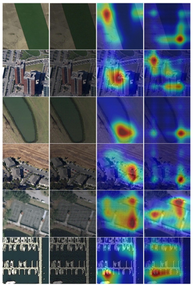 Figure 5. Comparison of the original remote sensing images, recovered images, and their visualisation based on the Grad-CAM++ method.