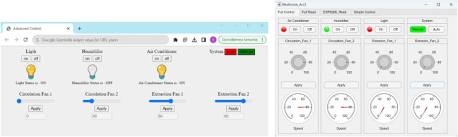 Figure 11. Advanced control node user interfaces (a) Web page (b) MATLAB application.