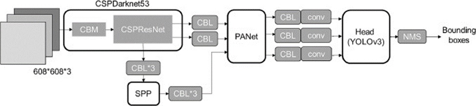 Figure 3. Architecture of the YOLO v4 model, featuring smaller modules such as CBM, which combines convolution (conv), batch normalization, and Mish activation; CBL, integrating conv, batch normalization, and Leaky ReLU activation.