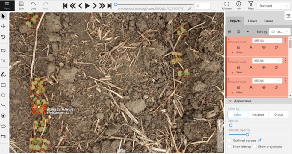 Figure 7. Example of the annotation process on the CVAT Tool. Each target crop plant is annotated with a bounding box, and the damage is indicated as each plant attribute.