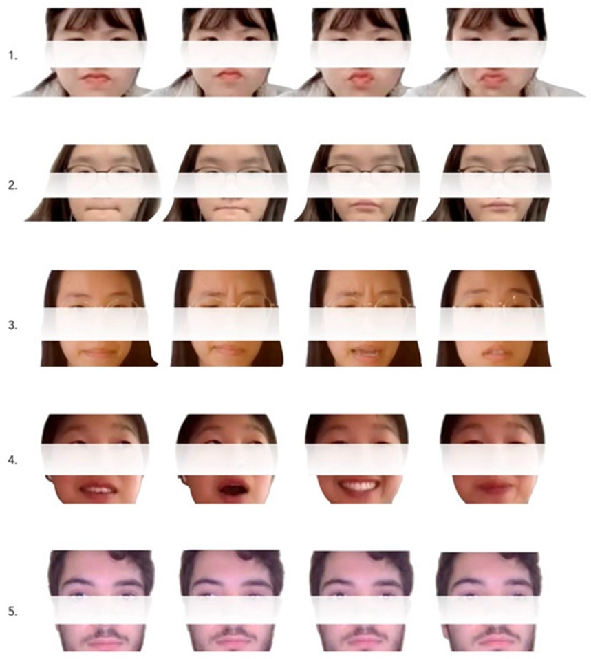 Figure 3. Facial expressions associated with (1) nascent understanding, (2) misunderstanding, (3) confusion, (4) emergent understanding, and (5) deep understanding.