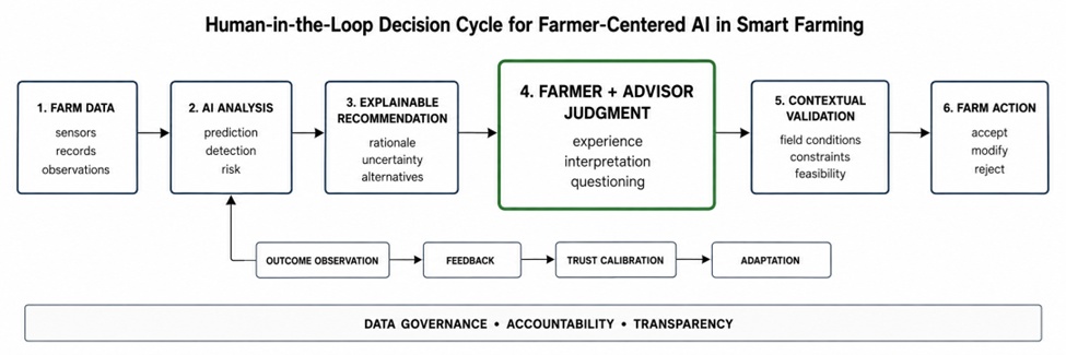 Figure 1. Human-in-the-Loop Decision Cycle for Farmer-Centered AI in Smart Farming. The figure shows an iterative cycle in which agricultural data are processed by AI decision-support systems, interpreted through explainable recommendations, evaluated by farmers and advisors using contextual knowledge, translated into farm decisions, and returned as feedback for monitoring, adaptation, trust calibration, and continuous learning.