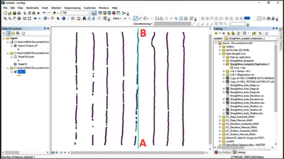 Figure 5. Typical recorded tractor passes and marked AB line in the experimental field.