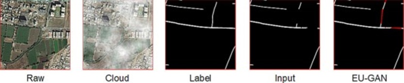 Figure 8. Road inpainting outputs from EU-GAN applied to a remote sensing road segmentation task.