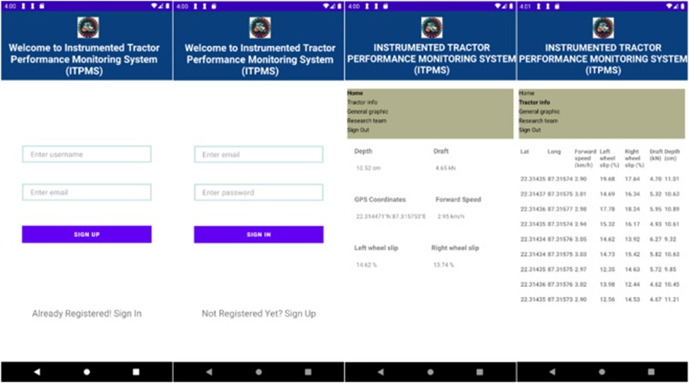 Figure 7. Android application user interface for monitoring of the instrumented tractor performance.