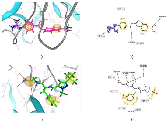 Figure 1. Three-dimensional (3D) and two-dimensional (2D) representations of pharmacophore models for a-b) TMPRSS2 and c-d) CTSL. In these models, hydrogen bond donor (HBD) features are depicted as green vectors, hydrogen bond acceptor (HBA) features as red vectors, hydrophobic interactions are shown as yellow spheres, the positively ionizable (PI) area is indicated by a blue star, an orange sphere represents the residue binding site, and exclusion volume regions are illustrated with grey spheres.
