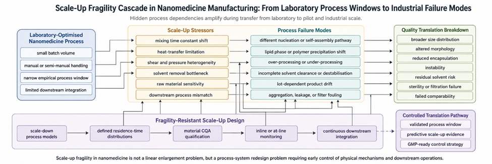 Figure 2. Scale-Up Fragility Cascade in Nanomedicine Manufacturing: From Laboratory Process Windows to Industrial Failure Modes