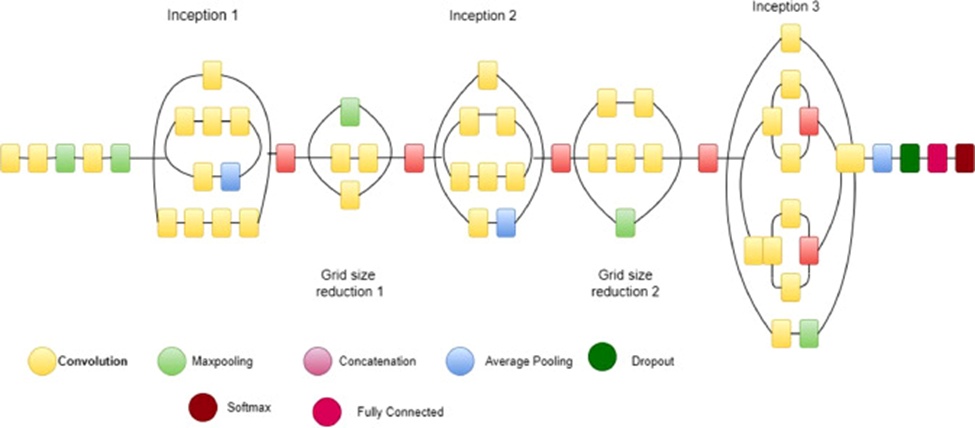 Figure 2. Architecture of InceptionV3 (image has been made by A.M.P using draw.io by referring to Manna et al. [21]).