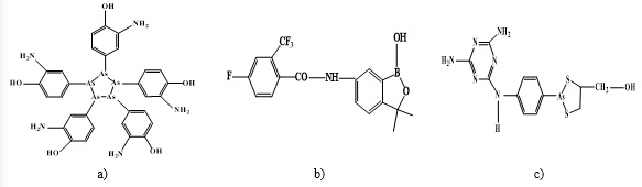 Figure 2. Structures of salvarsan, benzoxaborole, and melarsoprol: a) salvarsan, b) benzoxaborole, and c) melarsoprol.