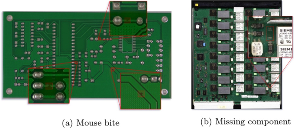 Figure 1. Defective samples of a BPCB and a PCBA. a A BPCB taken from a public PCB dataset by Ding et al. [11]. b A PCBA taken from dataset FICS-PCB by Lu et al. [12]