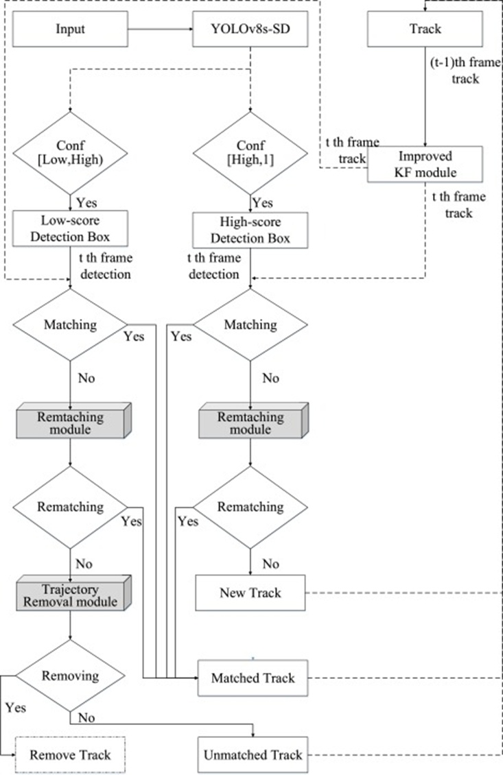 Figure 6. Flowchart of BytePro for calf tracking. The grey cubes are our proposed innovative modules. Additionally, the dotted line indicates that this part has been removed, while the dashed line signifies that there are multiple options for the input or output; only one is executed at the same time.