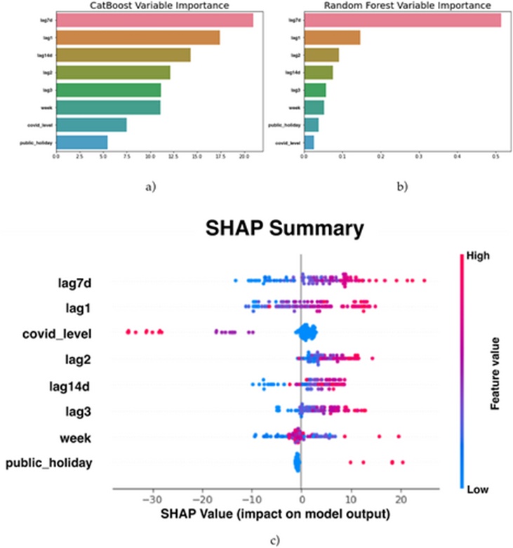 Figure 11. Variable importance plots for Q1 2021 showing outputs from (a) CatBoost, (b) Random Forest (RF) and (c) SHAP.
