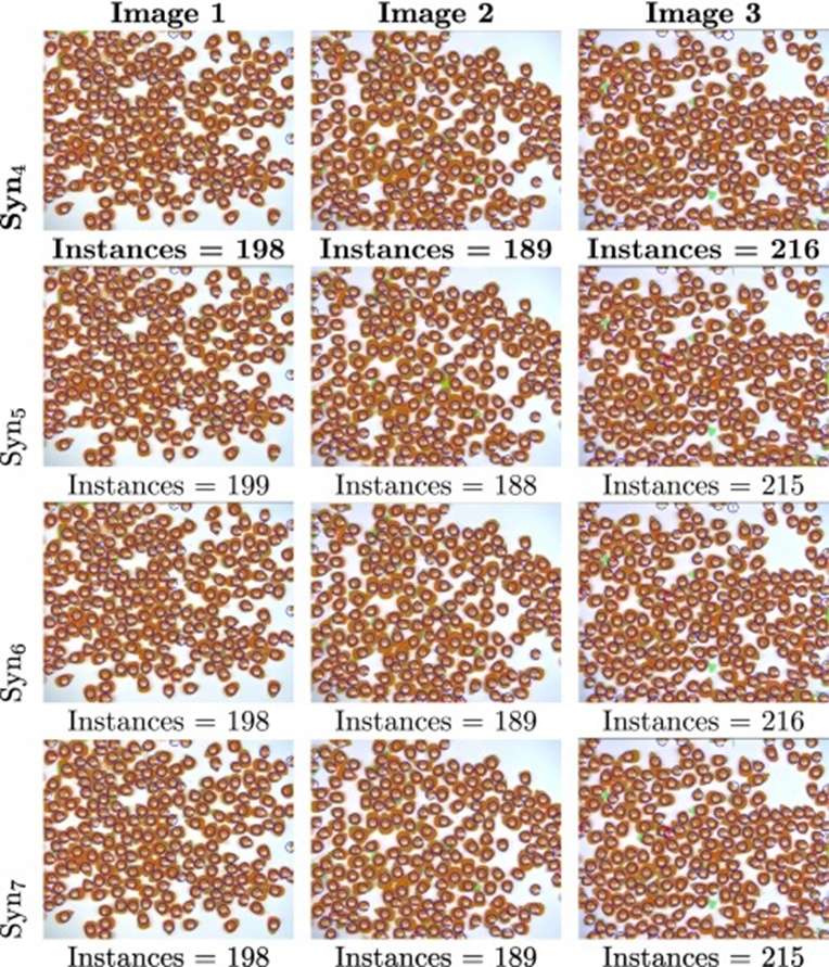 Figure 4. Segmentation results obtained on testing images (manually annotated ground truth images) when Mask R-CNN is trained with real (Real†) and synthesized (Syn†) datasets— the number of obtained instances is shown in each case. (1st row) Ground truth labeled with Labelbox. (2nd row) Results when the real-world image dataset (Real†) [5] is used for training. (3rd row) Results when the synthesized cluster dataset (Syn†) [14] is used for training. (4th to 10th row) Results when different synthesized cluster datasets are used for training (see Table 2).