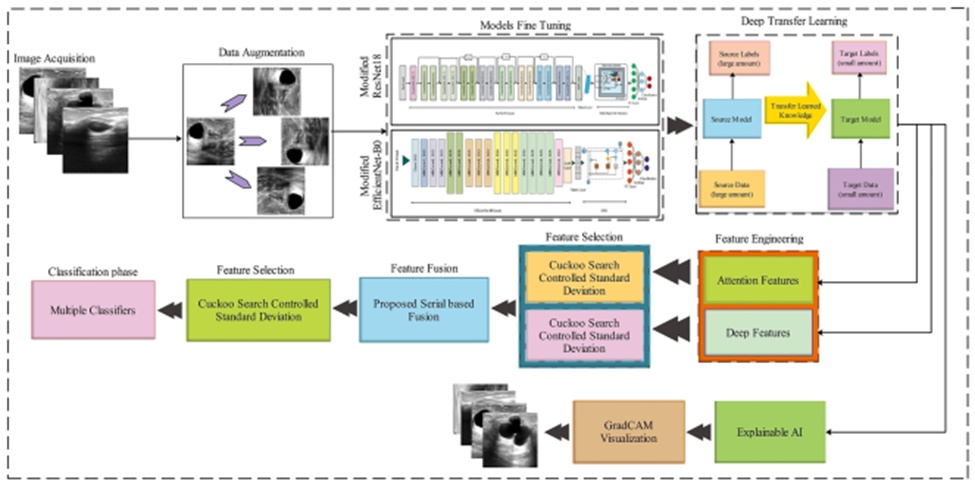 Figure 1. The proposed augmented deep learning and optimal fused features framework of breast cancer classification.