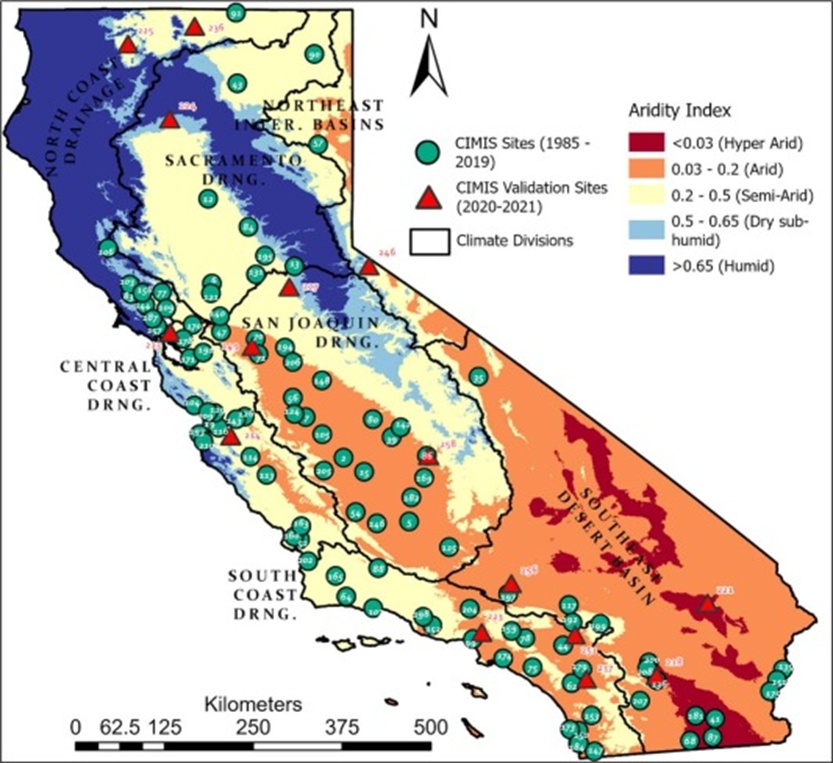 Figure 1. Distribution of the CIMIS stations evaluated in this study across the state of California. The aridity index values were obtained from the CGIAR-CSI Global-Aridity Database, and the classes were mapped according to the United Nations Environment Programme (UNEP) recommendations.