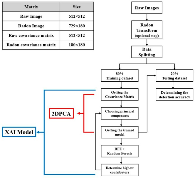 Figure 7. Flowchart of the XAI model with a table of matrix sizes in the upper left corner.