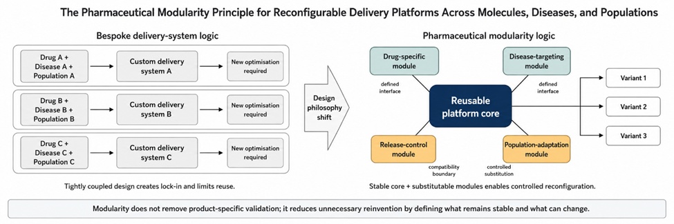 Figure 1. From Bespoke Delivery-System Lock-In to Modular Pharmaceutical Platform Reconfiguration