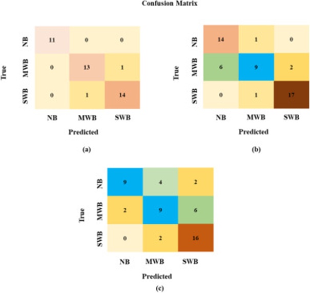 Figure 13. Confusion matrices for the WB classification task across three models: (a) NAS-WD, (b) SVM, and (c) MLP, based on 50 test samples in one cross-validation fold. Abbreviations: NB = Normal Breast, MWB = Mild Woody Breast, SWB = Severe Woody Breast.