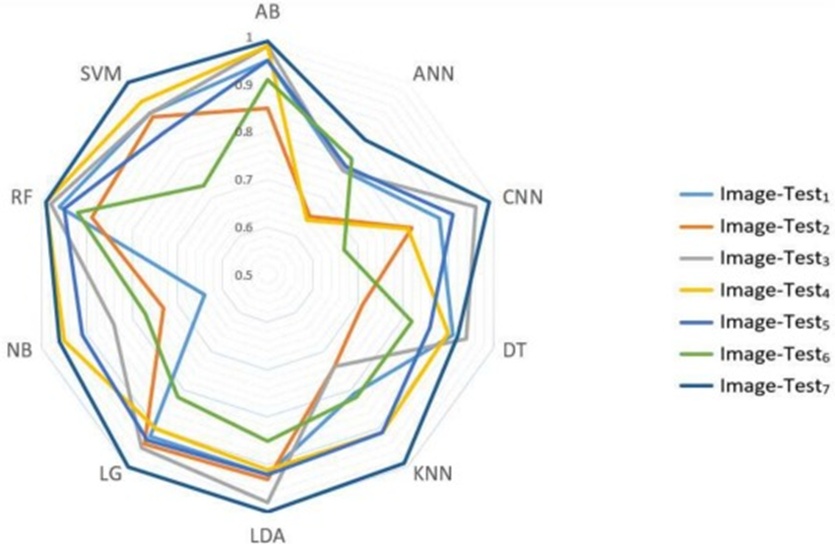 Figure 7. Radar plot showing the performance for each test area. On the radii, the accuracy for each model is reported.