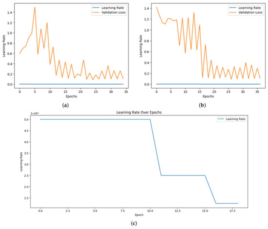 Figure 6. (a) EfficientNetB7 learning rate, (b) EfficientNetB0 learning rate, and (c) ViT learning rate.