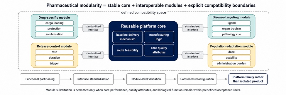 Figure 2. Conceptual Architecture of the Pharmaceutical Modularity Principle: Stable Platform Core, Interoperable Modules, and Standardised Interfaces