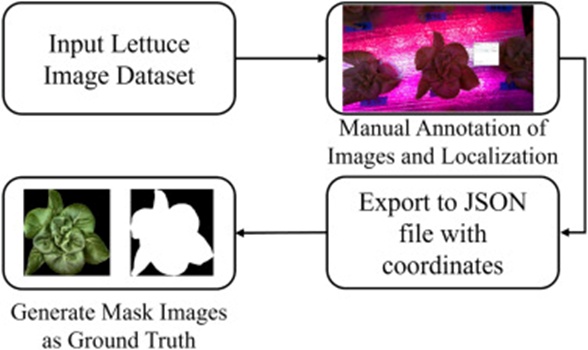 Figure 3. Operational sequence for image partitioning in lettuce production: applying LabelMe for annotation and ground truth mask derivation.