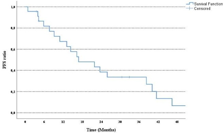 Figure 1. Kaplan-Meier curve for PFS in mNSCLC patients who were treated with crizotinib
