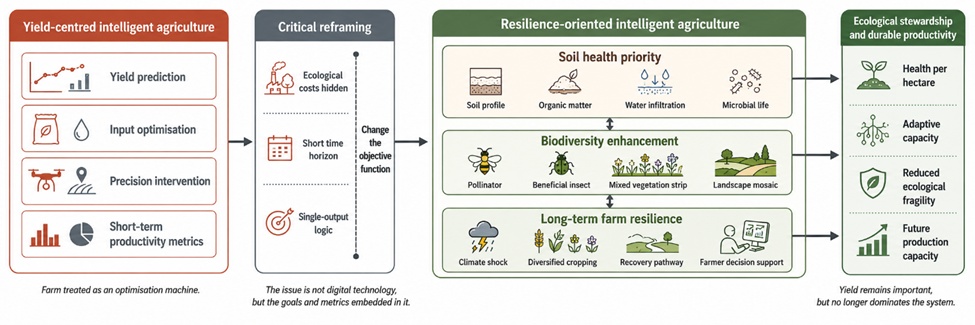 Figure 1. Conceptual Reframing of Intelligent Agriculture from Yield Maximization to Soil Health, Biodiversity, and Long-Term Farm Resilience