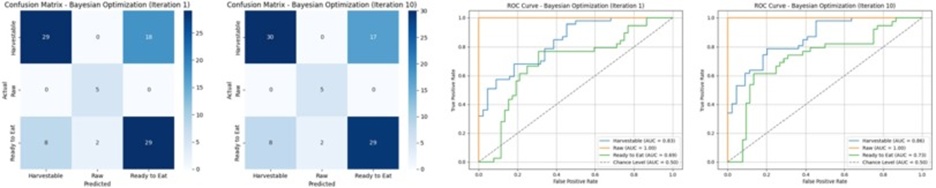 Figure 6. Confusion matrix and ROC curves of Bayesian optimization at the 1st and 10th iterations.
