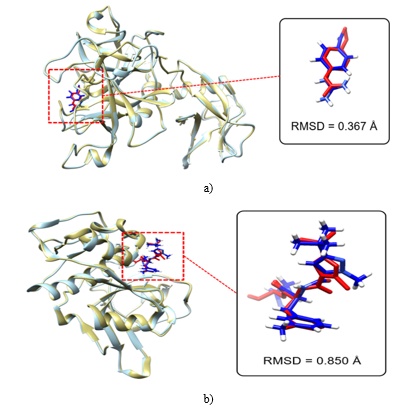 Figure 3. The molecular pose alignment shows the reference protein structure (cyan) with its co-crystallized ligand (red) compared to the prepared protein structure (gold) and the re-docked ligand (blue) for a) TMPRSS2 and b) CTSL. The structural similarity between the aligned ligands was evaluated based on RMSD values.