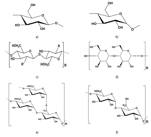 Figure 2. Structures of polysaccharides: (a) cellulose, (b) amylose, (c) chitin (R and R’: -NHCOCH3)/chitosan (R and R’: -NH2), (d) maltodextrin, (e) amylopectin, and (f) dextrans and their ester and carbamate derivatives.