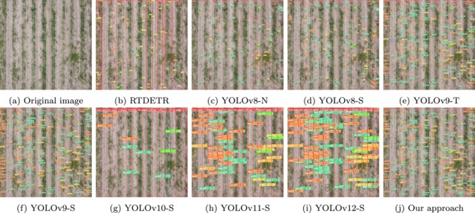 Figure 15. Comparison of soybean seedlings and weeds detection in small objects. The box where the purple circle is located represents an error detection, while the area where the black circle is located represents a missed detection (from b to i).